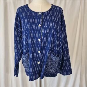 Market Place Womens Blue Abstract India Blouse Top Medium Large 100% Cotton